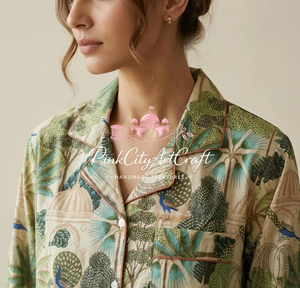 Handmade Pure Cotton Tropical Palm Heritage Palace Print Elegant Luxury Nightwear Set Comfortable Full-Sleeve Quick Dry - Product Image 5