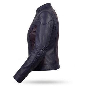 <b>Womens</b> Dark Purple Two Tone Genuine Leather <b>Jacket</b> Asymmetrical Zip Stand Collar Padded Elbow Motorcycle Biker Coat - Product Image 4