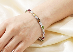 Natural Oval Cut Multi Gemstone 925 <b>Silver</b> Handmade IGI Certified Tennis <b>Bracelet</b> Memoria Jewels Cubic Zircon Anniversary Heart - Product Image 5