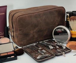 Trousse de Toilette en Cuir Véritable pour Hommes, Trousse de Rasage de Voyage, Organisateur de Produits de Douche et de Toilette, Trousse de Cosmétiques en Cuir pour Femmes - Product Image 6