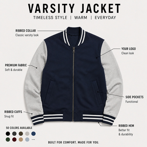 Veste universitaire bleu marine pour homme, manches grises, fermeture éclair, décontractée, écologique, respirante, séchage rapide, motif écossais, en laine - Product Image 6