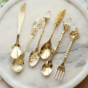 Ensemble de fourchettes et cuillères à salade Golden Branch Design, en acier inoxydable poli miroir, style vintage, pour la vaisselle de mariage - Product Image 5