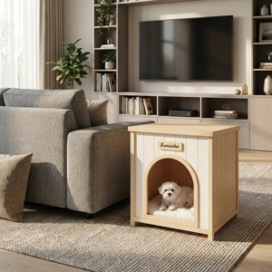 Nichoir pour animaux de compagnie en cèdre de qualité supérieure, blanc crème et jaune clair, pour petits chiens et chats - Product Image 2