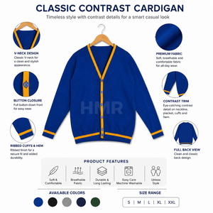 Cárdigan de Punto Azul con Cuello en V de la Hermandad HMR, Manga Larga, Corte Regular, Cierre de Botones en Color de Contraste, Estilo Preppy - Product Image 6