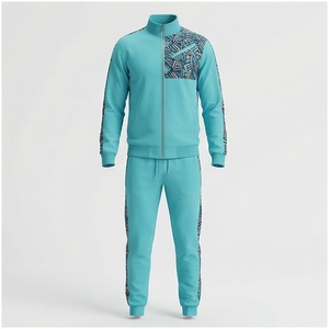 Ensemble de survêtement turquoise pour homme, manches longues, col montant, fermeture éclair sur le devant, imprimé géométrique, respirant, coupe sportive, coupe régulière, pour le printemps - Product Image 1