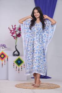 Robe Kaftan en Coton 100% à Imprimé Floral Bleu pour Femme, Coupe Classique, Longueur Genou, Manches Courtes, Col en V, Formelle d'Hiver, Respirante - Product Image 3