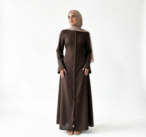 Women's Brown <b>Long</b> Sleeve Floor Length Abaya High Neck Modest <b>Dress</b> Solid Color Polyester Daily Wear Middle East Style - Product Image 1