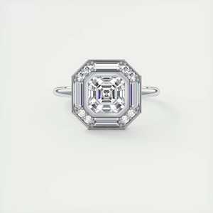 Anillo de compromiso con halo oculto y halo decorativo de diamantes cultivados en laboratorio de corte Asscher de 2.76 quilates con piedras laterales redondas y en forma de baguette. - Product Image 4