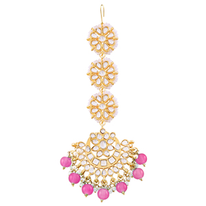 Tikka étnica chapada en oro con cuentas rosas, hecha a mano, para la frente, para mujeres, para bodas. - Product Image 3