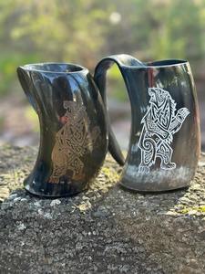 Mug en corne de Viking poli à la main, style animalier, mythologie médiévale, cadeau Odin Mjolnir avec poignée 600ml, marteau de Thor - Product Image 3
