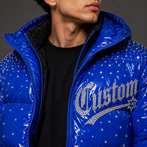 Custom Glossy Blue Puffer <b>Jacket</b> Rhinestone Street Style <b>Winter</b> Bubble Coat Oversized Warm Zip Up Fashion Outerwear - Product Image 4