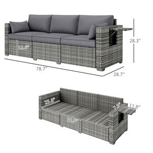 Divano a 3 Posti in Vimini Grigio Misto con Cuscini Posteriori Spessi 15 cm e Vassoi Laterali per Patio Esterno e Luoghi Sportivi - Divano con Seduta Profonda - Product Image 3