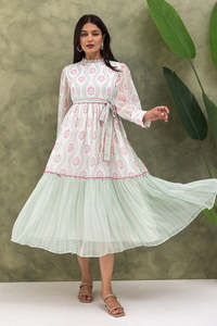 Robe midi en mousseline à imprimé floral avec manches longues, taille élastique, coupe ample, robe décontractée de printemps, robe élégante et magnifique - Product Image 3