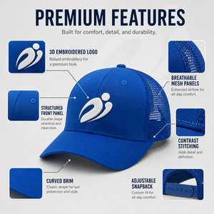 Gorra Trucker Azul APICTO SPORTS con Logotipo Bordado en Blanco, Panel Frontal de Malla, Cierre Ajustable, Estilo Casual Unisex de 6 Paneles - Product Image 5