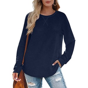 Sudadera de cuello redondo de color liso para mujer, top informal de algodón de manga larga con bolsillos, ropa de otoño - Product Image 6