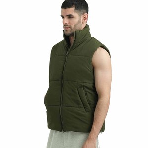 Chaleco Acolchado Verde Oliva para Hombre, Cuello Alto, Cierre de Cremallera, Resistente al Viento, Relleno de Poliéster, Ropa Casual de Invierno - Product Image 1