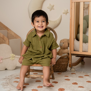 <b>Cot</b> & Candy Organic Muslin Jhabla <b>Set</b> Oversized Knitted Shirt with Shorts for Summer for 0-6 Months Baby Olive Color - Product Image 6