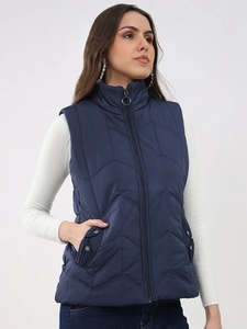 Gilet matelassé bleu marine pour femme, sans manches, fermeture éclair, col montant, vêtement d'extérieur décontracté, longueur normale, couleur unie - Product Image 2