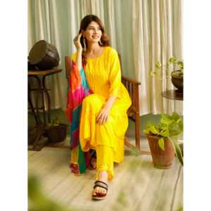 Ensemble de salwar kameez décontracté en rayonne jaune safran, taille XS, Inde, Pakistan - Product Image 3