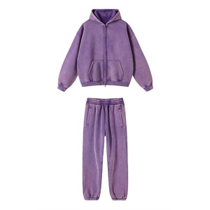 Conjunto de Sudadera con Capucha y Pantalones Deportivos Holgados con Lavado Ácido para Mujer, Directo de Fábrica, Color Sólido, Felpa de Algodón Gruesa, Trajes Deportivos con Lavado Ácido - Product Image 1