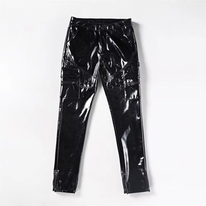 <b>Men's</b> <b>Black</b> Leather Coated Breathable Lightweight Casual Winter <b>Cargo</b> <b>Pants</b> Mid Waist Straight Fit Multiple Pockets Zipper Fly - Product Image 2