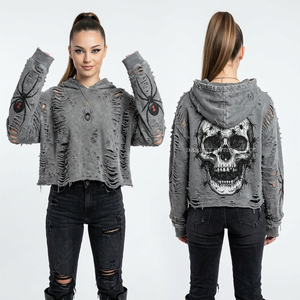 Sudadera con capucha gris para mujer, con lavado ácido y efecto desgastado, estampado de telaraña en las mangas, estilo crop, streetwear, con gráfico de calavera gótica - Product Image 1