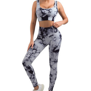 Wholesale Custom Women <b>Tie</b> <b>Dye</b> Seamless Yoga <b>Set</b> 2 Piece Ribbed Sports Bra High Waist Leggings Acid Wash Fitness Activewear <b>Set</b> - Product Image 4