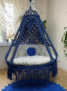 Boho Macrame Hanging Chair – Double <b>Hammock</b> <b>Swing</b> for Patio, Garden or Indoor – Blue Macrame Chair with Cushions – Housewarming - Product Image 2