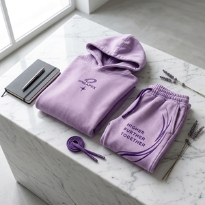 Ensemble de survêtement pour homme, violet, coupe oversize, en coton épais, avec sweat à capuche et pantalon de jogging, style streetwear, personnalisable avec marque privée - Product Image 5