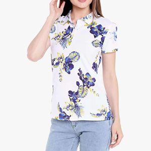 เสื้อโปโลพิมพ์ลายดอกไม้สำหรับผู้หญิง แขนสั้น สไตล์ลำลอง ผ้าทอ สีขาว ลายสีน้ำเงินเหลือง - Product Image 1
