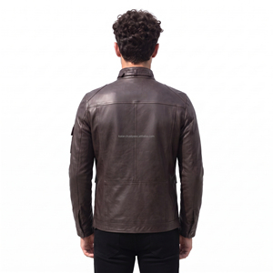 Chaqueta de Motociclista de Cuero Genuino para Hombre, Cuello Alto, Cierre de Botones, Color Sólido, Corte Regular, para Otoño - Product Image 5