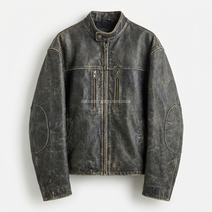 Distressed Vintage Grey Cowhide <b>Leather</b> Cafe Racer Biker <b>Jacket</b> Wholesale <b>Retro</b> Faded Finish Motorcycle Apparel Manufacturer - Product Image 1