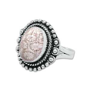 Bague en argent sterling avec serti clos en corail fossile naturel, motifs multiples, unisexe, cadeau, bijoux, vente en gros, minimaliste - Product Image 3