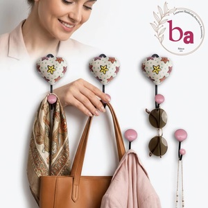 Ba Ceramic Heart Wall Hook With Flower Pattern Handmade <b>Pink</b> Ball Decorative Coat Hanger For Home Or Office Use - Product Image 2