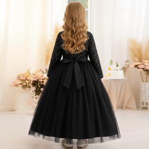 ชุดราตรีเด็กผู้หญิง แขนยาว คอวี ผ้ากำมะหยี่สีดำหรูหรา ปักเลื่อม ประดับด้วยผ้าเน็ตเนื้อนุ่ม สไตล์เจ้าหญิง สำหรับงานเลี้ยงตอนเย็น ขายส่ง รับผลิตแบบ OEM ODM - Product Image 2