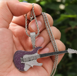 Collar con Colgante de Guitarra Iced Out, Cadena de Cuerda de Latón con Zirconia, Chapado en Rodio, Joyería Hip Hop para Hombre - Product Image 4