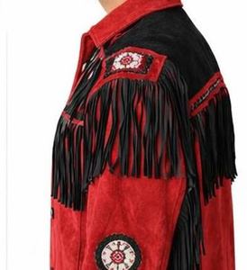 High Quality Men <b>Red</b> & Black Fringe Leather <b>Jacket</b> Vintage Western Boho Style Handmade Custom Color Bulk Order Manufacturer - Product Image 5