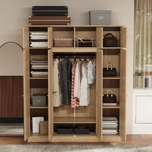 Armadio a 8 Ante di Grande Capacità, Alto 180 cm, con Ripiani Regolabili, Ante Decorative in Rattan, Asta Appendiabiti Inclusa - Product Image 3