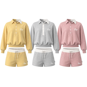 2026Women's Custom logo Two-piece <b>Sets</b>: Color-blocked Turn-down Neck Sweatshirts and Shorts Setsp Casual Long-sleeve <b>Set</b> - Product Image 5
