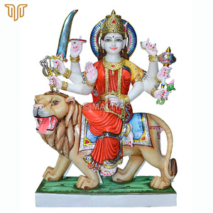 Marble Durga Maa Statue on Lion | Red Sari Durga Mata Murti with Sword and Mace by MALIYAS Jaipur India - Product Image 2