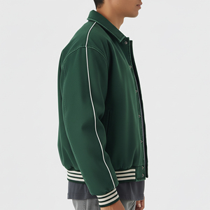 Men's Green Varsity <b>Jacket</b> Regular Fit Turn-down Collar Solid Color Polyester Cotton Casual Autumn Wear - Product Image 1