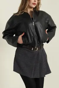 แจ็คเก็ตหนังแท้สไตล์ใหม่สำหรับผู้หญิง แจ็คเก็ตไบค์เกอร์ลำลองแบบมีซิป เสื้อโค้ทหนังสำหรับผู้หญิง - Product Image 6