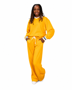Custom <b>Yellow</b> Fleece 2-Piece Tracksuit Set V-Neck Long Sleeve Casual Sportswear Full Length Loose Fit Solid Color Breathable - Product Image 4