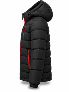 <b>Men's</b> Black Hooded Puffer <b>Jacket</b> with Red Zipper Waterproof Quick Dry Front Logo Winter <b>Casual</b> Regular Length Polyester Wadding - Product Image 3