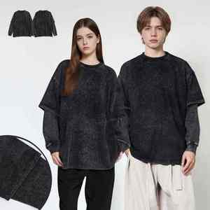 เสื้อแขนยาวผู้ชายทรงโอเวอร์ไซส์ ผ้าเจอร์ซีย์คอตตอน 100% สองชั้น สไตล์ไฮสตรีท สีพื้น ผ้าถักลำลอง - Product Image 3