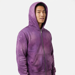 Sudadera con capucha azul lavado para hombre, con cremallera completa, mangas con tachuelas, bolsillos delanteros, estilo casual urbano, chaqueta con cremallera. - Product Image 6