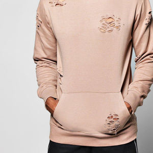 Sweat à capuche personnalisé pour homme, épais, beige, effet vieilli, déchiré, avec logo sérigraphié, style streetwear vintage - Product Image 5