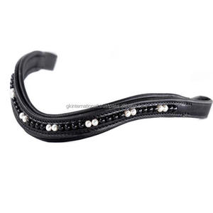 Banda de ceja de caballo de cuero acolchado de canal vacío con forma de onda decorada con cadena de perlas blancas y negras banda de ceja de brida - Product Image 2