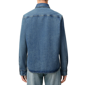 Chemise en jean noire pour homme, manches longues, boutonnée, coupe décontractée, délavage acide, coton, couleur unie, design avec surpiqûres, imperméable - Product Image 3