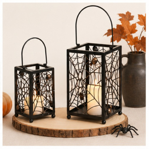 Set of 2 Decorative Black Metal Halloween <b>Lanterns</b> with Intricate Spider Web Punch Detail Powder Coated Iron Candle Holder - Product Image 2